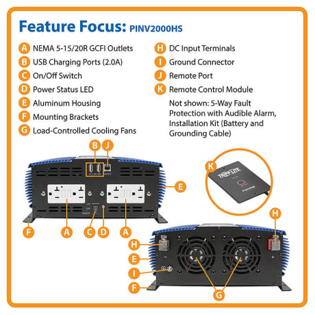 Tripp Lite PINV2000HS 2000W Heavy-Duty Industrial-Strength Mobile Power Inverter with 4 AC/2 USB - 2.0A/Battery Cables Remote