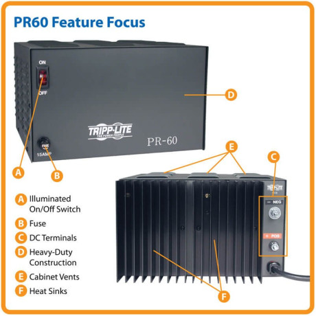 Tripp Lite PR60 TAA-Compliant 60-Amp DC Power Supply 13.8VDC Precision Regulated AC-to-DC Conversion