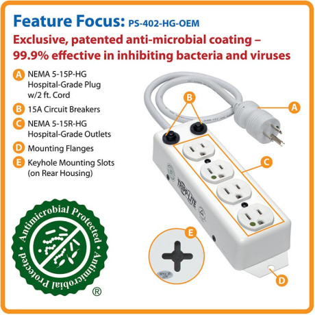 Tripp Lite PS-402-HG-OEM Safe-IT UL 1363A Medical-Grade Power Strip for Patient-Care Vicinity 4x 15A Hospital-Grade Outlets 2 ft. Cord