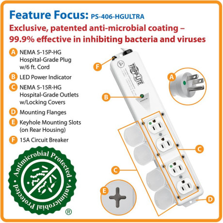 Tripp Lite PS-406-HGULTRA Safe-IT UL 60601-1 Medical-Grade Power Strip for Patient-Care Vicinity 4x 15A Hospital-Grade Outlets Safety Covers 6 ft. Cord