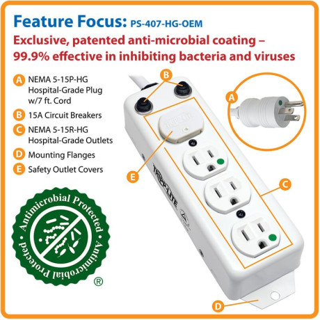Tripp Lite PS-407-HG-OEM Safe-IT UL 1363A Medical-Grade Power Strip for Patient-Care Vicinity 4x 15A Hospital-Grade Outlets Safety Covers 7 ft. Cord
