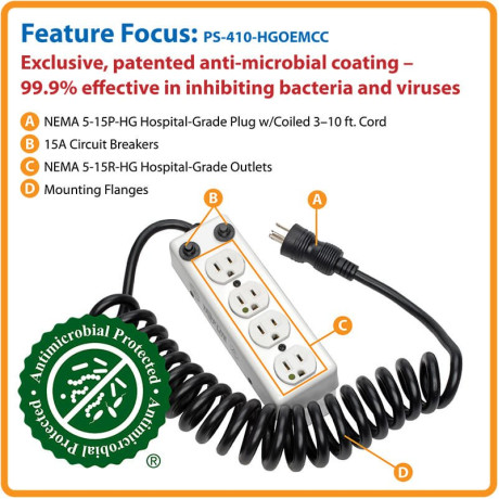 Tripp Lite PS-410-HGOEMCC Safe-IT UL 1363A Medical-Grade Power Strip for Patient-Care Vicinity 4x Hospital-Grade Outlets 3 ft. Coiled Cord