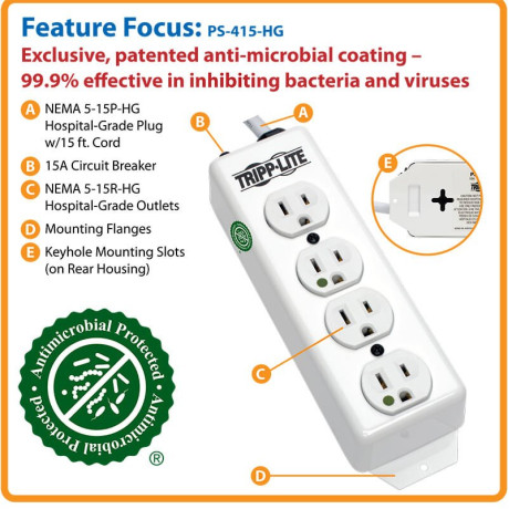 Tripp Lite PS-415-HG Safe-IT Medical-Grade Power Strip UL 1363 4 Hospital-Grade Outlets Antimicrobial 15 ft. (4.57 m) Cord