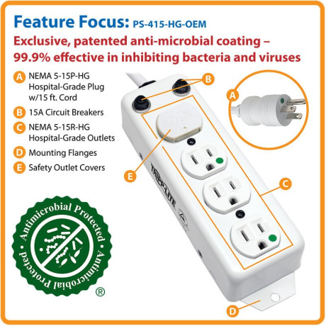 Tripp Lite PS-415-HG-OEM Safe-IT UL 1363A Medical-Grade Power Strip for Patient-Care Vicinity 4x 15A Hospital-Grade Outlets 15 ft. Cord