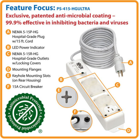 Tripp Lite PS-415-HGULTRA Safe-IT UL 60601-1 Medical-Grade Power Strip for Patient-Care Vicinity 4 15A Hospital-Grade Outlets Safety Covers 15 ft. Cord