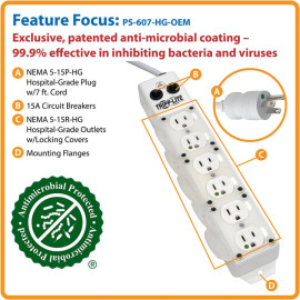 Tripp Lite PS-607-HG-OEM Safe-IT UL 1363A Medical-Grade Power Strip for Patient-Care Vicinity 6x 15A Hospital-Grade Outlets Safety Covers 7 ft. Cord