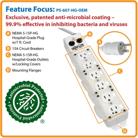 Tripp Lite PS-607-HG-OEM Safe-IT UL 1363A Medical-Grade Power Strip for Patient-Care Vicinity 6x 15A Hospital-Grade Outlets Safety Covers 7 ft. Cord Safe-IT Series