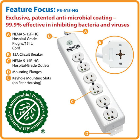 Tripp Lite PS-615-HG Safe-IT UL 1363 Medical-Grade Power Strip 6x Hospital-Grade Outlets Antimicrobial 15 ft. (4.57 m) Cord Safe-IT Series