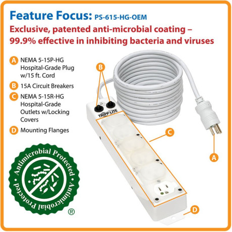 Tripp Lite PS-615-HG-OEM Safe-IT UL 1363A Medical-Grade Power Strip for Patient-Care Vicinity 6x15A Hospital-Grade Outlets Safety Covers 15 ft. Cord