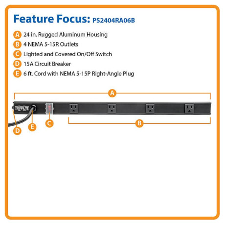 Tripp Lite PS2404RA06B 4-Outlet Power Strip Right-Angle NEMA 5-15R - 15A 120V 6 ft. (1.83 m) Cord Right-Angle 5-15P Plug 24 in. Safe-IT Series