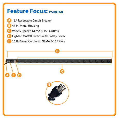 Tripp Lite PS4816B 16-Outlet Vertical Power Strip 120V 15A NEMA 5-15P 15 ft. (4.57 m) Cord 48 in. Black Housing Safe-IT Series