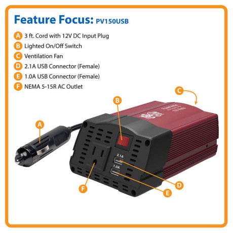 Tripp Lite PV150USB 150W PowerVerter Ultra-Compact Car Inverter with AC Outlet and 2 USB Charging Ports