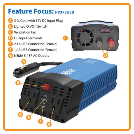 Tripp Lite PV375USB 375W PowerVerter Ultra-Compact Car Inverter with 2 AC Outlets 2 USB Charging Ports and Battery Cables