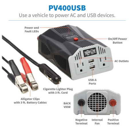Tripp Lite PV400USB 400W PowerVerter Ultra-Compact Car Inverter with 2 AC/2USB - 3.1A/Battery Cables/Cigarette Lighter Adapter (CLA)