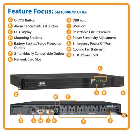 Tripp Lite SM1000RM1UTAA TAA SmartPro 120V 1kVA 800W Line-Interactive Sine Wave UPS 1U Rack/Vertical Network Card Options USB 6 Outlets UPS Battery Backup