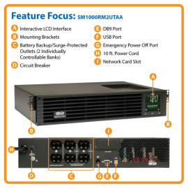 Tripp Lite SM1000RM2UTAA TAA SmartPro 120V 1kVA 800W Line-Interactive Sine Wave UPS 2U Rack/Tower Network Card Options LCD USB 6 Outlets
