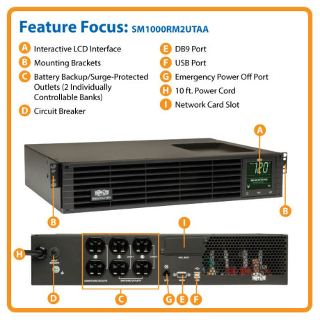 Tripp Lite SM1000RM2UTAA TAA SmartPro 120V 1kVA 800W Line-Interactive Sine Wave UPS 2U Rack/Tower Network Card Options LCD USB 6 Outlets UPS Battery Backup