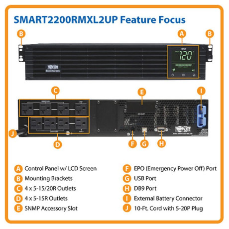 Tripp Lite SM2200RMXL2UP SmartPro 120V 2200VA 1920W Line-Interactive Sine Wave UPS 2U Extended Run Network Card Options LCD USB DB9 UPS Battery Backup