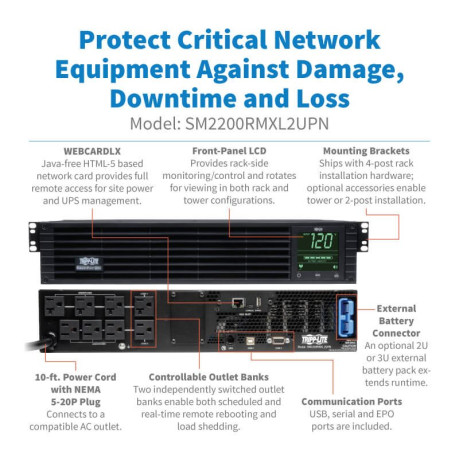 Tripp Lite SM2200RMXL2UPN SmartPro 120V 2200VA 1920W Line-Interactive Sine Wave UPS 2U Extended Run WEBCARDLXE LCD USB DB9