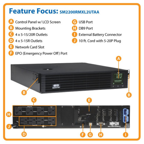Tripp Lite SM2200RMXL2UTAA TAA SmartPro 120V 2.2kVA 1.92kW Line-Interactive Sine Wave UPS 2U Extended Run Network Card Options LCD USB DB9 UPS Battery Backup