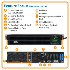 Tripp Lite SM3000RM2UNTAA TAA-Compliant SmartPro 120V 3kVA 2.25kW Line-Interactive Sine Wave UPS 2U Rack/Tower Extended Run Pre-Installed WEBCARDLX Network Interface LCD USB DB9 Serial