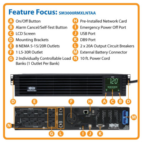 Tripp Lite SM3000RMXLNTAA TAA-Compliant SmartPro 120V 3kVA 2.88kW Line-Interactive Sine Wave UPS 2U Rack/Tower Extended Run Pre-Installed WEBCARDLX Network Interface LCD USB DB9 Serial