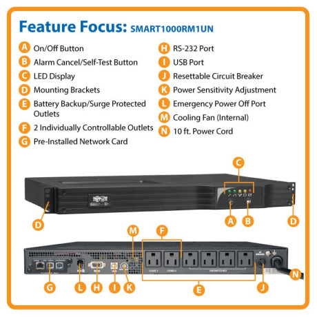 Tripp Lite SMART1000RM1UN SmartPro 120V 1kVA 800W Line-Interactive Sine Wave UPS 1U Rack/Vertical WEBCARDLX Network Interface USB DB9 6 Outlets UPS Battery Backup