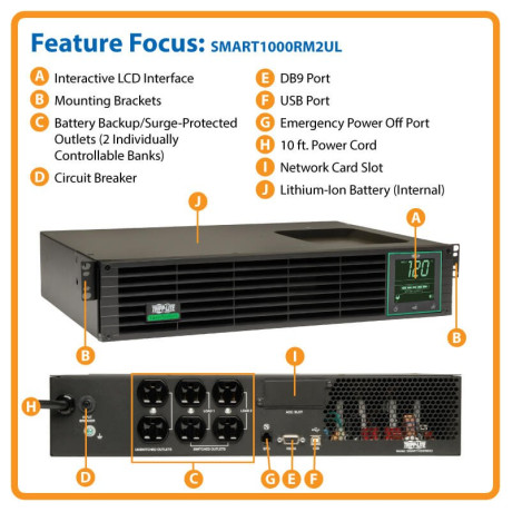 Tripp Lite SMART1000RM2UL SmartPro UPS Lithium Battery Backup - 120V 1kVA 800W Line Interactive 2U Sine Wave LCD 6 Outlets