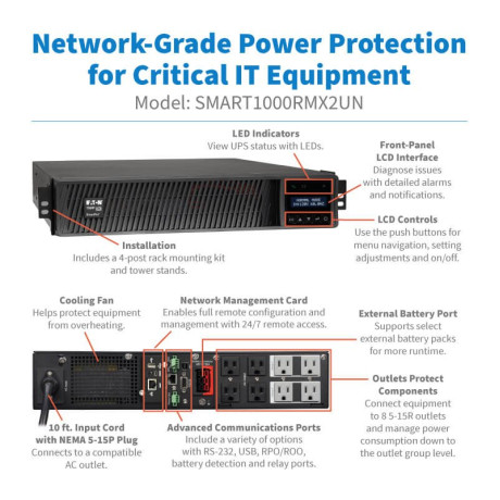 Tripp Lite SMART1000RMX2UN SmartPro 1000VA 1000W 120V Line-Interactive Sine Wave UPS - 8 Outlets Extended Run NIC LCD USB DB9 2U Rack/Tower UPS Battery Backup