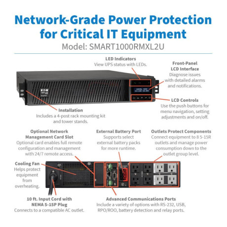 Tripp Lite SMART1000RMXL2U SmartPro 1000VA 1000W 120V Line-Interactive Sine Wave UPS - 8 Outlets Extended Run Network Card Option LCD USB DB9 2U Rack/Tower UPS Battery Backup