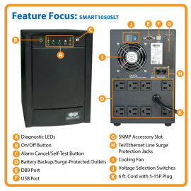 Tripp Lite SMART1050SLT SmartPro 120V 1.05kVA 650W Line-Interactive Sine Wave UPS Tower Network Card Options USB DB9 8 Outlets