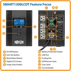 Tripp Lite SMART1300LCDT SmartPro LCD 120V 1300VA 720W Line-Interactive UPS AVR Tower LCD USB 8 Outlets