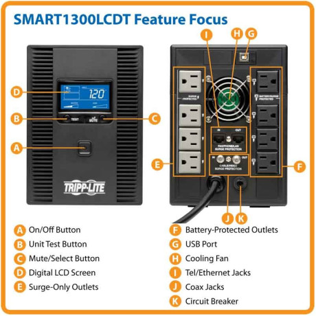 Tripp Lite SMART1300LCDT SmartPro LCD 120V 1300VA 720W Line-Interactive UPS AVR Tower LCD USB 8 Outlets UPS Battery Backup