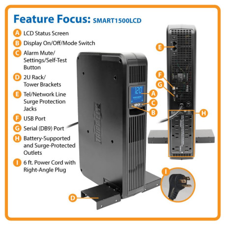 Tripp Lite SMART1500LCD Smart LCD 1500VA 900W 120V Line-Interactive UPS - 8 Outlets USB DB9 2U Rack/Tower UPS Battery Backup