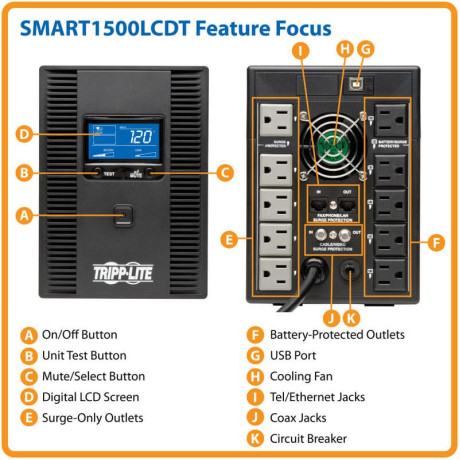 Tripp Lite SMART1500LCDT SmartPro 1500VA 900W 120V Line-Interactive Sine Wave UPS - 10 Outlets LCD USB Tower
