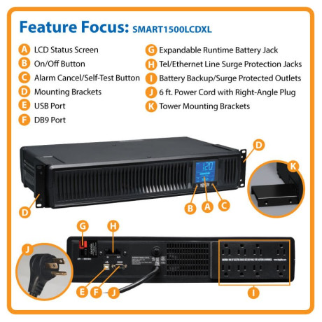 Tripp Lite SMART1500LCDXL SmartPro LCD 120V 1500VA 900W Line-Interactive UPS AVR Extended Runtime 2U Rack/Tower LCD USB DB9 8 Outlets UPS Battery Backup
