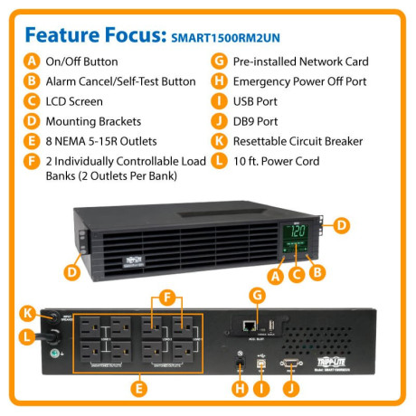 Tripp Lite SMART1500RM2UN SmartPro 120V 1.5kVA 1.35kW Line-Interactive Sine Wave UPS 2U Rack/Tower WEBCARDLX Network Interface LCD USB 8 Outlets UPS Battery Backup