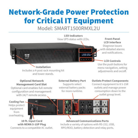 Eaton Tripp Lite Series SmartPro 1440VA 1440W 120V Line-Interactive Sine Wave UPS - 8 Outlets, Extended Run UPS 
