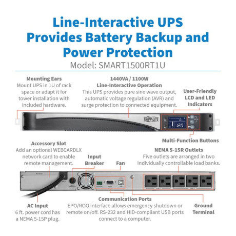 Tripp Lite SMART1500RT1U 1440VA 1100W 120V Line-Interactive UPS - 5 NEMA 5-15R Outlets Network Card Option USB DB9 1U Rack/Tower