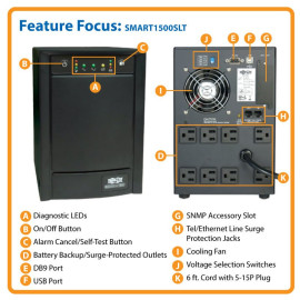 Tripp Lite SMART1500SLT SmartPro 120V 1.5kVA 900W Line-Interactive Sine Wave UPS Tower Network Card Options USB DB9 8 Outlets
