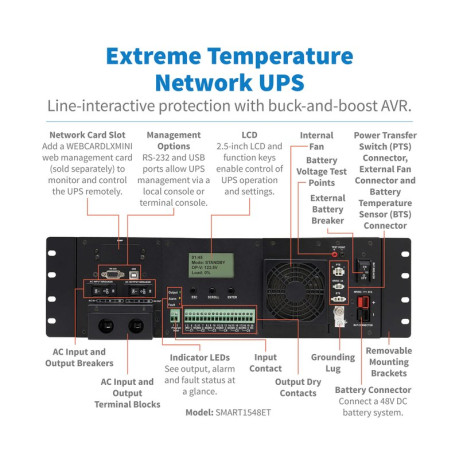 Tripp Lite SMART1548ET 120VAC 48VDC 2000VA 1600W Extreme Temperature Network UPS for Industrial and Traffic Networks 3U Hardwire TAA UPS Battery Backup