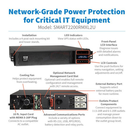 Tripp Lite SMART2200RMXL2U SmartPro 1950VA 1950W 120V Line-Interactive Sine Wave UPS - 7 Outlets Extended Run Network Card Option LCD USB DB9 ENERGY STAR V2.0 2U Rack/Tower UPS Battery Backup