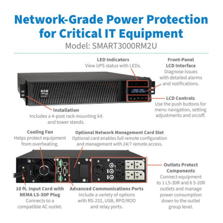 Tripp Lite SMART3000RM2U SmartPro 3000VA 3000W 120V Line-Interactive Sine Wave UPS - 7 Outlets Network Card Option LCD USB DB9 2U Rack/Tower