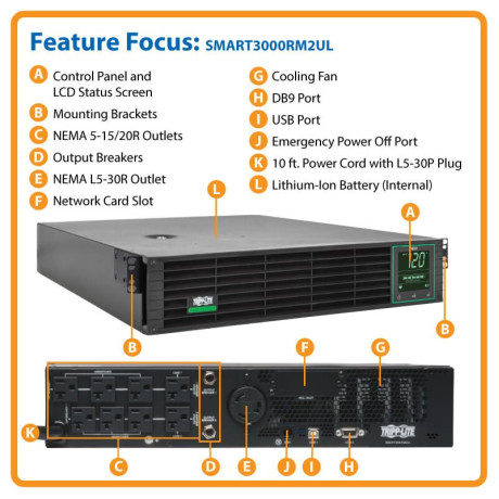 Tripp Lite SMART3000RM2UL SmartPro UPS Lithium Battery Backup - 120V 3kVA Line Interactive 2U Sine Wave LCD UPS Battery Backup