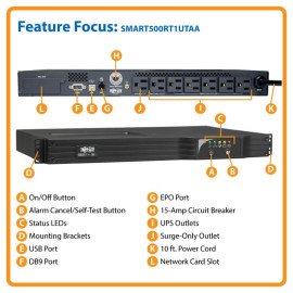 Tripp Lite SMART500RT1UTAA TAA-Compliant SmartPro 120V 500VA 300W Line-Interactive UPS 1U Rack/Vertical Network Card Options USB DB9 Serial