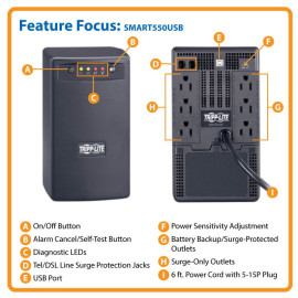 Tripp Lite SMART550USB SmartPro 550VA 300W 120V Line-Interactive UPS - 6 Outlets AVR USB Tower