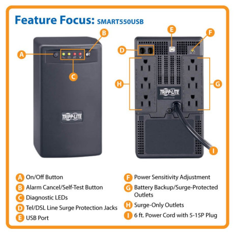 Tripp Lite SMART550USB SmartPro 550VA 300W 120V Line-Interactive UPS - 6 Outlets AVR USB Tower