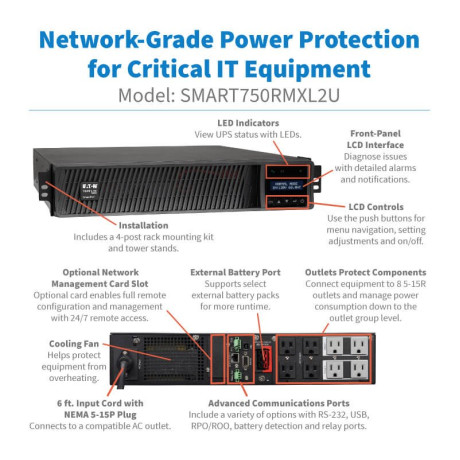 Tripp Lite SMART750RMXL2U SmartPro 750VA 750W 120V Line-Interactive Sine Wave UPS - 8 Outlets Extended Run Network Card Option LCD USB DB9 2U Rack/Tower