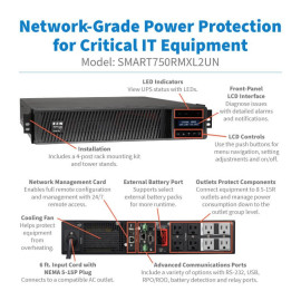 Tripp Lite SMART750RMXL2UN SmartPro 750VA 750W 120V Line-Interactive Sine Wave UPS - 8 Outlets Extended Run Network Card Included LCD USB DB9 2U Rack/Tower