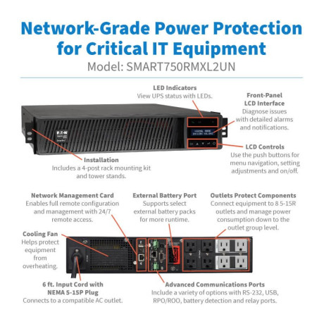 Tripp Lite SMART750RMXL2UN SmartPro 750VA 750W 120V Line-Interactive Sine Wave UPS - 8 Outlets Extended Run Network Card Included LCD USB DB9 2U Rack/Tower